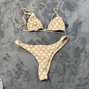 Skin By Same Bikini‎ Womens Large Tan White Polka Dot Triangle Swimwear Set